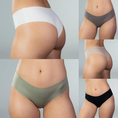 Close-up collage of female models wearing Gudia seamless Brazilian underwear in white, grey, sand, green, and black. Mid-rise fit with soft waistband and organic cotton crotch offering breathable and invisible comfort for everyday wear.