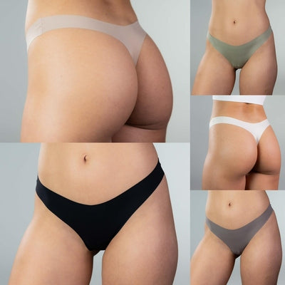 5-piece pack of Gudia seamless thongs, close-up on models wearing black, green, white, sand, and grey for color preview of bundle